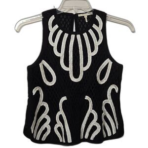 Maje Women's Mesh Crochet Black White Tank Top Size 2 Floral